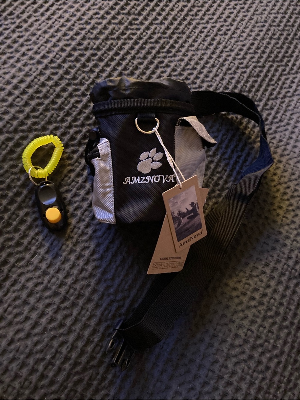 AmzNova Black and Gray PetTreat Bag With Waist Belt and Training Clicker.